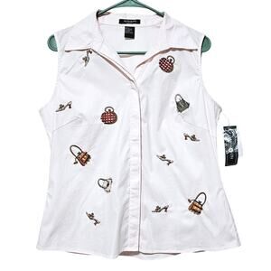 Autograph New York Top Pale Pink Embroidered Purses Shoes Sz L Artsy All Around